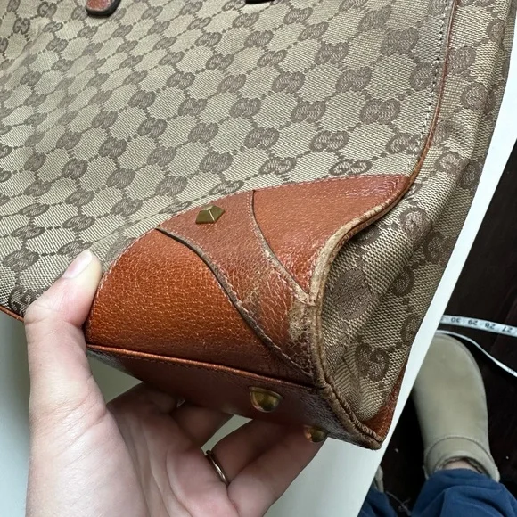 Vintage Gucci GG Logo Nailhead Tote Canvas Leather Tan Brown